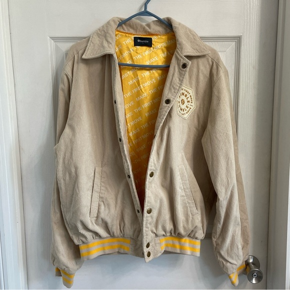 Bumble Dating App Corduroy Jacket Size Medium Tan Varsity Snap Front Lined - Picture 2 of 8